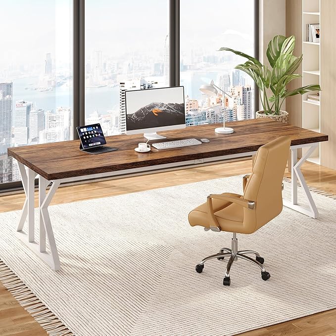 LITTLE TREE 78.7 Inch Large Executive Desk Modern Computer Office Desk Wooden Writing Desk Study Table for Home Office Rustic Brown-White