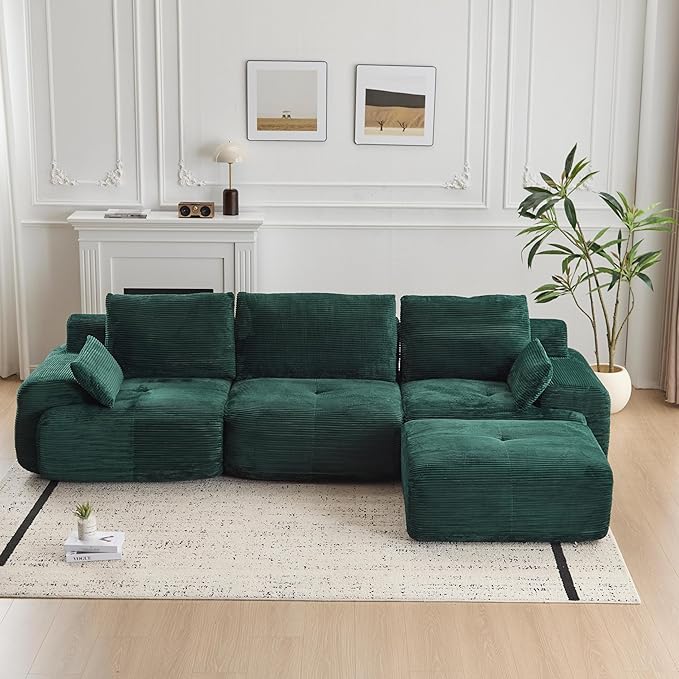 Modular Sectional Sofa Comfy Boneless Cloud Couch with Pillows Pet-Friendly Corduroy Fabric Sectional Couches for Living Room No Assembly Required (Green 3 Seat)