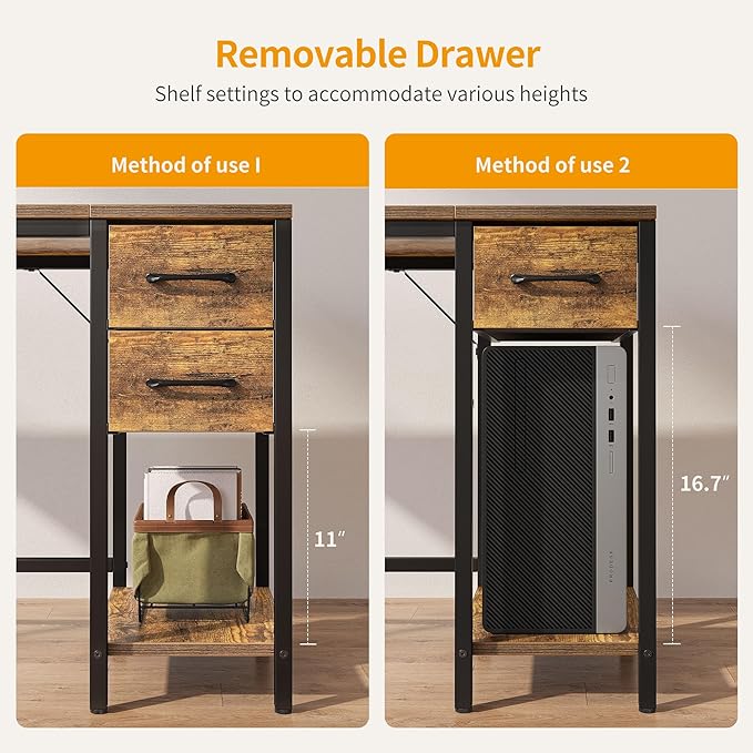 CubiCubi Computer Desk with 2 Drawers 47 Inch Small Home Office Desk Study Writing Table Rustic Brown