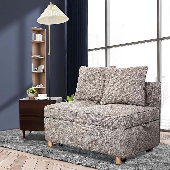 SEJOV Sofa Bed Chair 4-in-1 Convertible Chair Bed 3-Seat Linen Fabric loveseat Sofa with 2 Throw Pillow Single Recliner for Small Space with 5 Adjustable Backrest Brown Grey