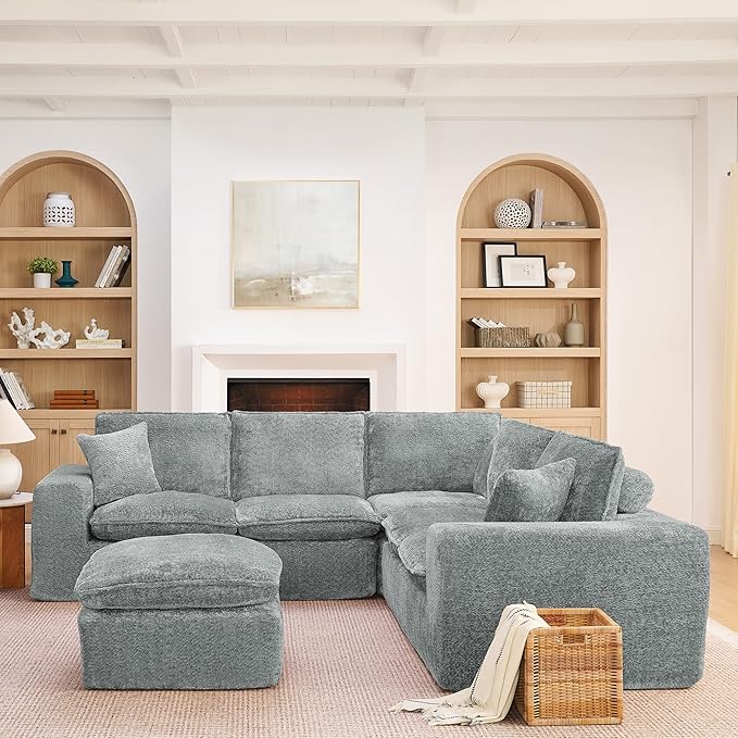 L-Shaped Boneless Modular Sectional Cloud Couches 6 Seat Modular Boucle Floor Foam Boneless Sofa Couch with Ottoman Headrest Pillows and Removable Cushions