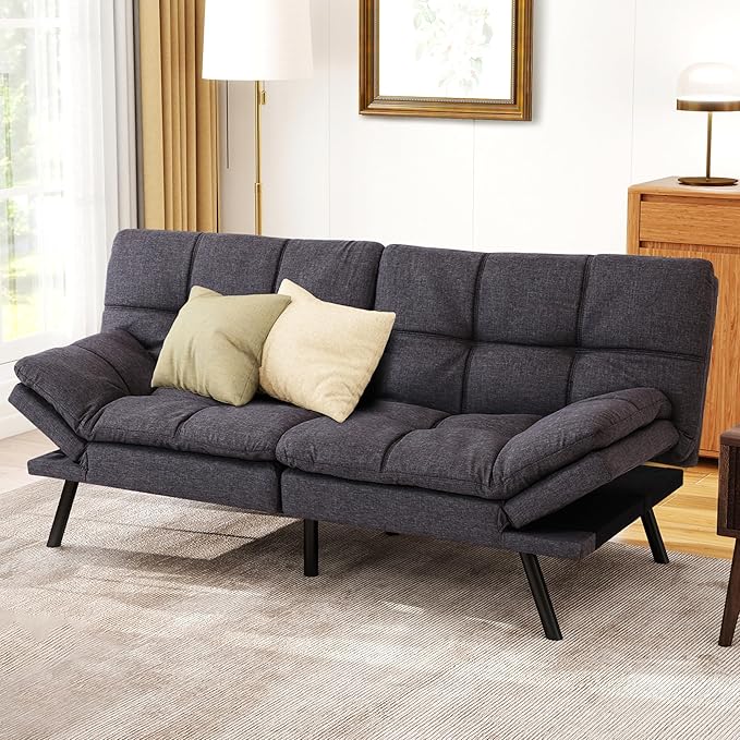 MUUEGM Futon Sofa Bed 71 Comfortable Memory Foam Futon Sofa with Adjustable Backrest &amp Armrests Convertible Loveseat Recliner Sleeper Sofa Bed for Compact Living Room Apartment Office Grey