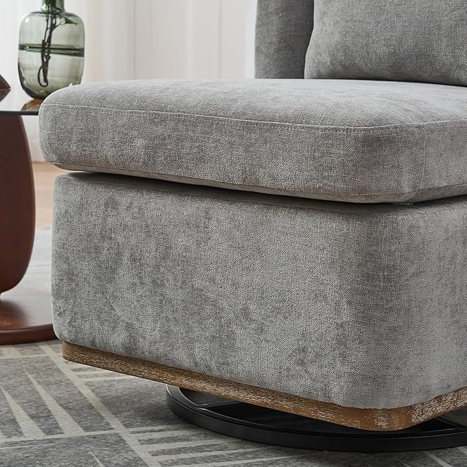 Modern Swivel Accent Chair 25.2 Wide Chenille Upholstered Armless Sofa Chair with Pillow 360° Swivel Reading Chair with Metal Base for Living Room Family Room Bedroom Lounge Area Office Grey