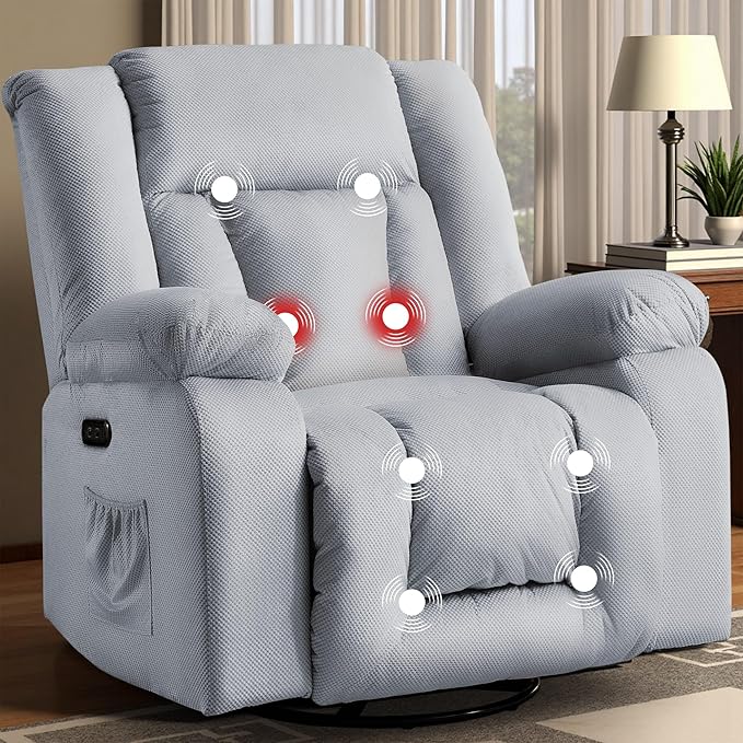 Rocker Recliner Chairs for Adults Swivel Rocking Chair with Heat and Massage Modern Electric Recliner with Extra Wide Waffle Fabric Massage Chair Recliner for Living Room Bedroom