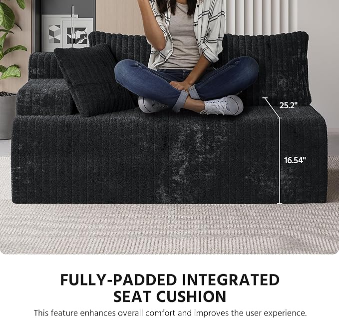 LAUSAINT HOME 96 Modular Sectional Sofa Couches L-Shaped Boneless Cloud Sofa with 3 Deep Seat 5 Cushiones Oversized Chaise for Living Room Bedroom Plush Corduroy Fabric (Left Black)