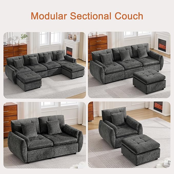 112 Oversized Modular Cloud Sofa Deep Seat Tufted Chenille 4-Seater Sectional Couch with Curved Arms Comfy Sofas for Living Room Dark Grey