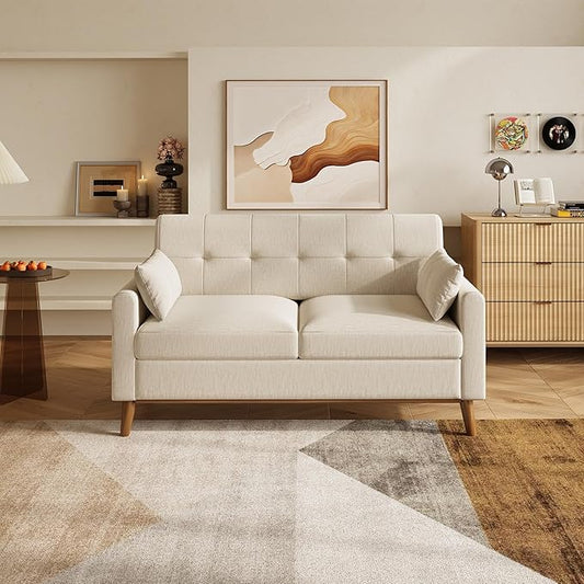 WLIVE 62 Loveseat Sofa Mid Century Modern Small Couches for Living Room Button Tufted Upholstered Couch for Bedroom Solid Wood Frame Easy to Install Furniture Beige