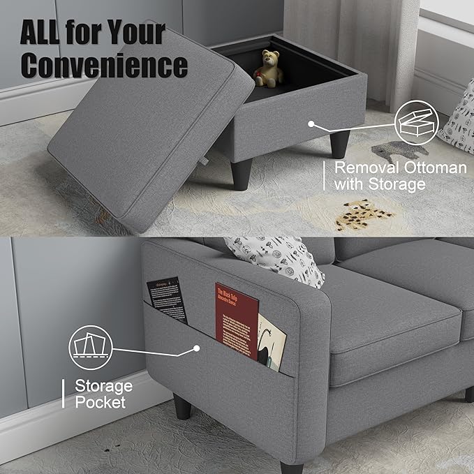 Couch for Living Room - 78'' Beige Linen 3 Seat L-Shaped Sectional Sofa Couches with Storage Ottoman - Modern Small Space Upholstered Furniture Sofa Set for Office Small Space Apartment (Grey-Linen)