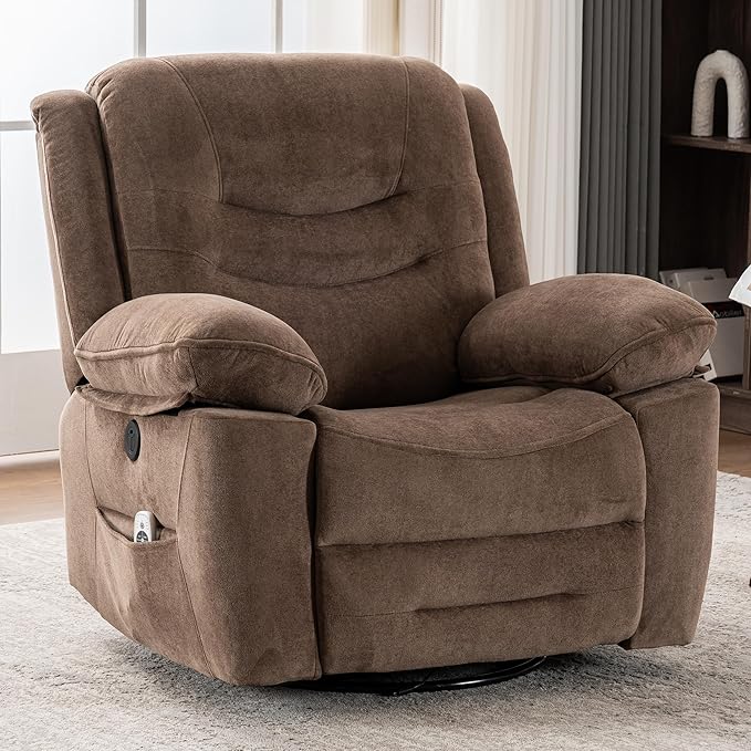 Power Swivel Rocker Recliner with Massage and Heat USB Port Infinite Position Oversized Electric Glider Rocking Chairs Living Room Soft Fabric Reclining Sofa Chair(Mocha)