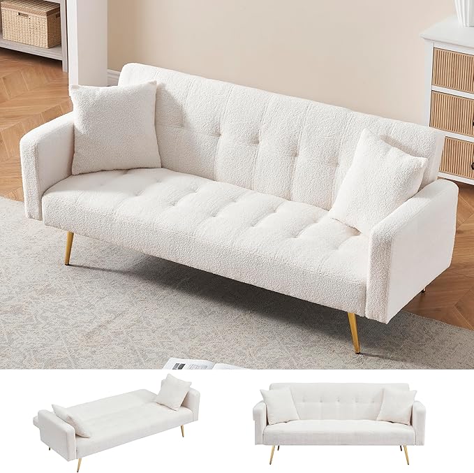 KEIKI 72 Folding Futon Sofa Couch w/Adjustable Backrest Mid Century Modern Loveseat Convertible to Sleeper Bed Small Comfy Teddy Cloud Couch SofaBed for Living Room &amp Bedroom 2 Pillows Beige