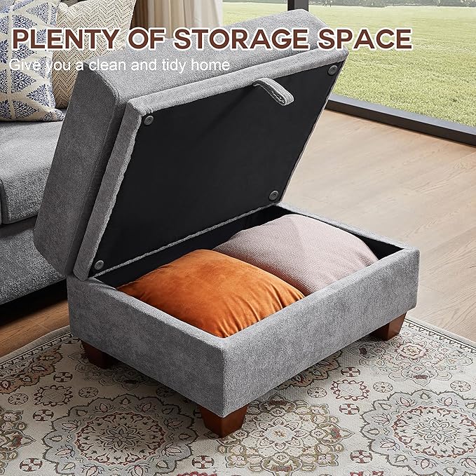 109 Convertible Sectional Sofa Modern Microfibe L Shaped Couch with Storage Chaise and Cup Holder 4 Seat Sofa Couches with Extra Headrests for Living Room Apartment Light Grey
