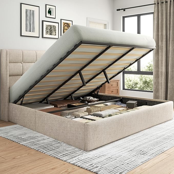 Lifezone King Size Lift Up Storage Bed Frame Linen Upholstered King Platform with Button Tufted Wingback Headboard and Under-Bed Storage Hydraulic Support No Box Spring Needed Noise Free Beige