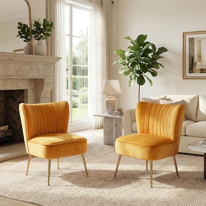 DUOMAY Modern Accent Chair Set of 2 Velvet Slipper Chair with Gold Legs Wingback Side Chair for Living Room Bedroom Entryway Small Corner Chair for Space Saving Yellow