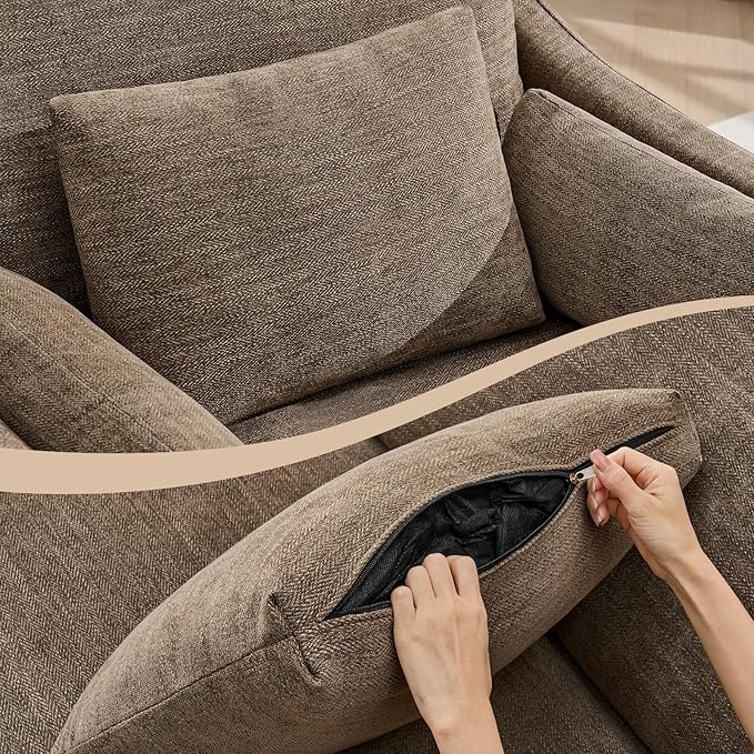 ONBRILL Accent Chair for Living Room Slipcovered Chair with 3 Throw Pillows Comfy Reading Chair Deep Seat Armchair w/Sloped Arms Modern Single Couch Sofa for Apartment Brown