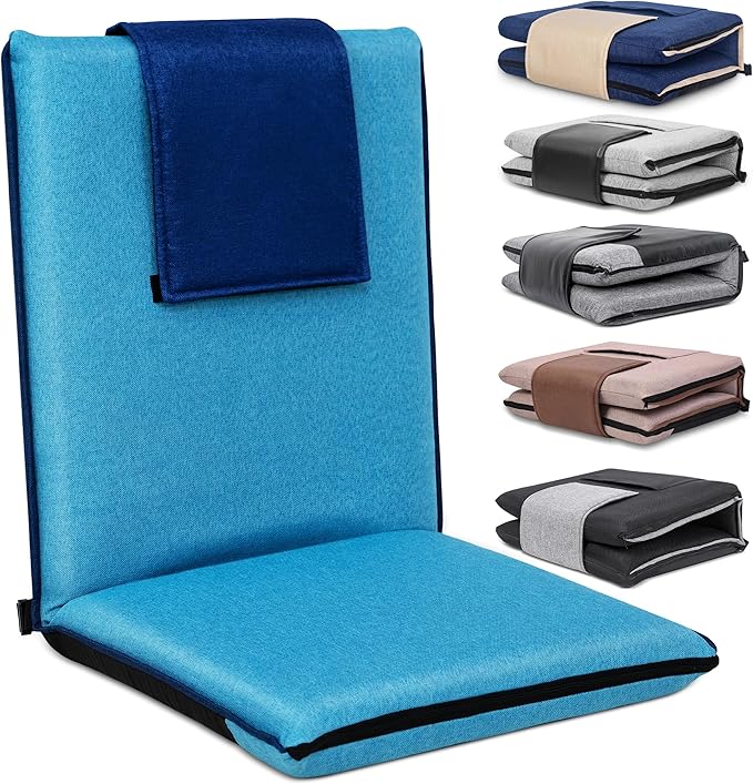 Floor Chair with Back Support 14-Position Adjustable Floor Chair Portable Ground Seating for Adults Foldable Meditation Seat with Japanese KOYO Bearings &amp Washable Linen Cover (Bright Blue)