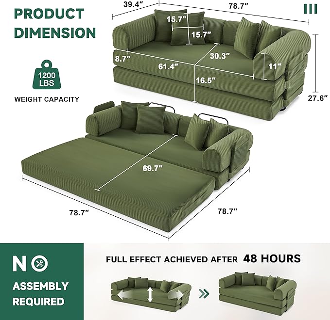 79 Oversized Boneless Couch with 4 Pillows5 in 1 Convertible Sleeper Futon Sofa Bed with Deep SeatCorduroy Foldable Modular Floor Pull Out Couch for Living RoomNo AssemblyGreen