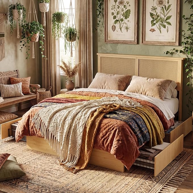 GAOMON Full Size Rattan Bed Frame with 4 Storage Drawer Boho Style Rattan Bed with LED Light &amp Natural Headboard Sturdy Wooden Slats Support No Box Spring Needed