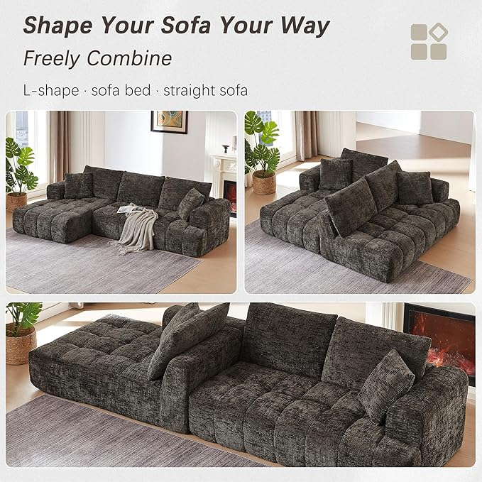 108 Luxury L-Shaped Sectional Sofa 4-Seater Modular Cloud Couch with Pillows Chenille Upholstered Full Foam Floor Sofa for Living Room No Assembly Brown