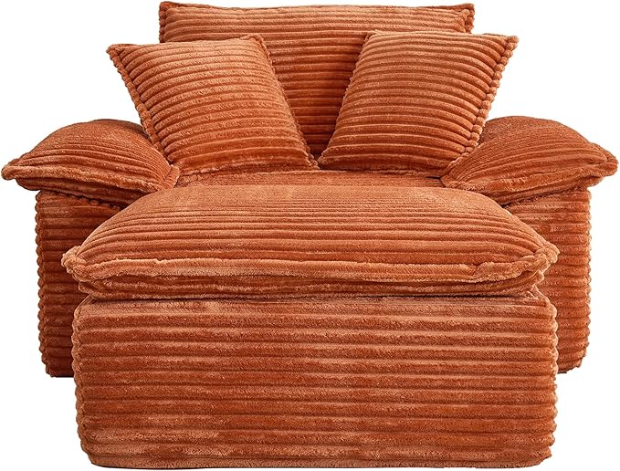 Oversized Armchair with Ottoman Corduroy Reading Chair for Bedroom &amp Living Room Modern Floor Sofa Chair Comfy Lazy Lounge Chair No Assembly Required Orange
