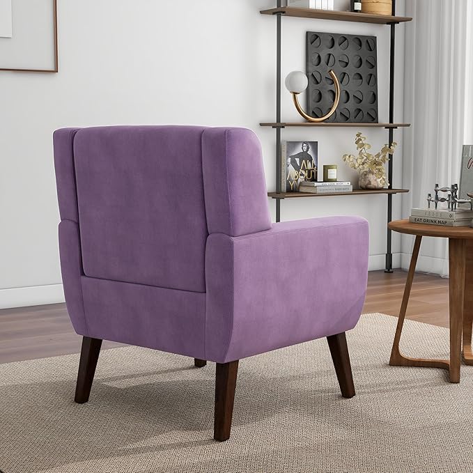 Accent Chair Mid-Century Modern Velvet Fabric Chairs with Arms for Living Room Comfy Upholstered Club Single Sofa Armchair for Bedroom Waiting Room with Solid Wood Frame (Velvet Purple Set of 1)