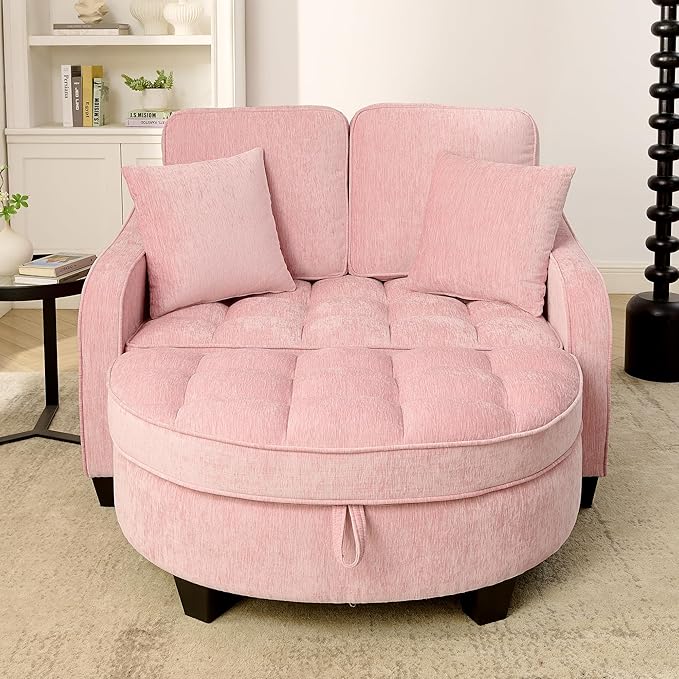 ERYE Chenille Tufted Loveseat Sofa and Ottoman Set Tufted Recliner Sleeper Chaise Lounge with Curved Storage OttomanReclining Backrest and Side Pockets 4 Pillows