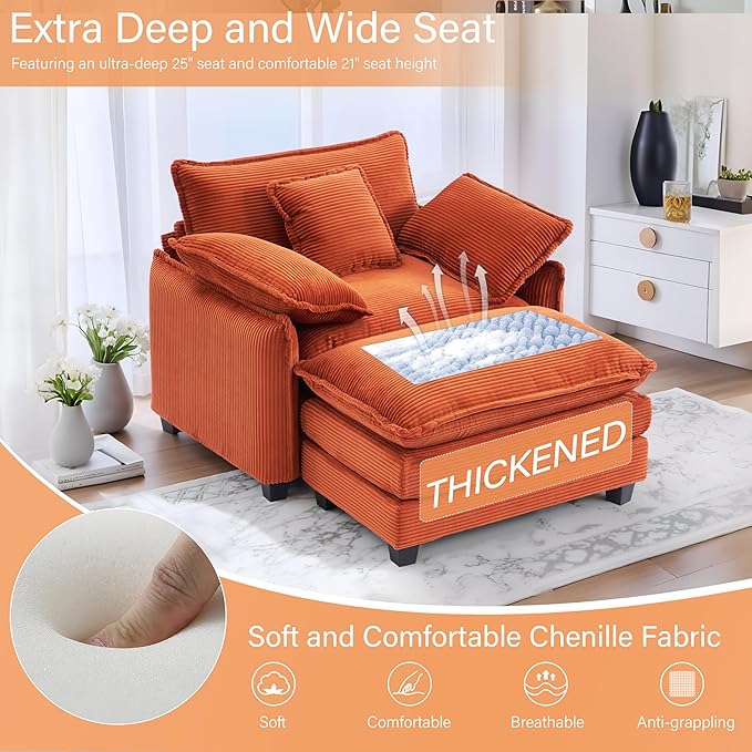46 W Oversized Chair with Ottoman - Comfy Accent Chair and Ottoman Set Corduroy Large Armchair with Extra Thick and Deep Seat Cloud Chaise Lounge for Living Room (Orange Red)