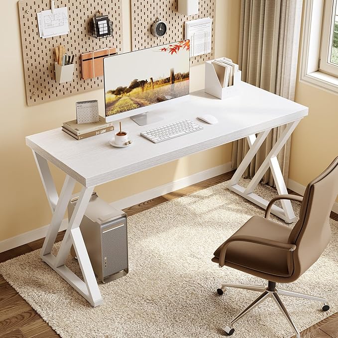LITTLE TREE 55 Inch Large Simple Industrial Computer Desk Study Writing Table Home Office WorkstationWhite
