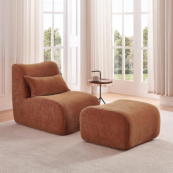 Modern Lounge Chair with Ottoman Compressed Upholstered Recliner for Small Spaces Comfortable Accent Sofa for Living Room Bedroom or Apartment