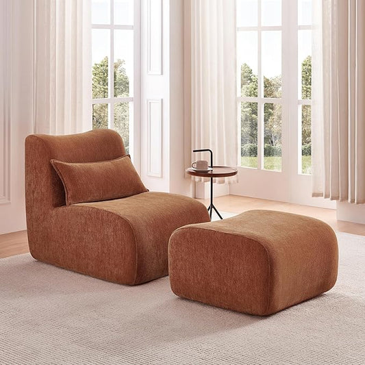 Modern Lounge Chair with Ottoman Compressed Upholstered Recliner for Small Spaces Comfortable Accent Sofa for Living Room Bedroom or Apartment