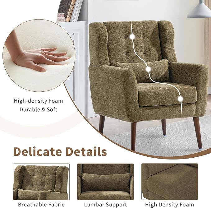 Modern Accent Chair Upholstered Arm Chair with Waist Pillow Single Sofa Chair for Living Room Bedroom Small Spaces (Olive)