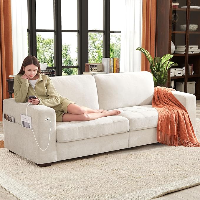 Ihanherry 89 Modern Sofa Cloud Couch Chenille Deep Seat Sofa with Removable Cover for Living Room Bedroom and Apartment Beige