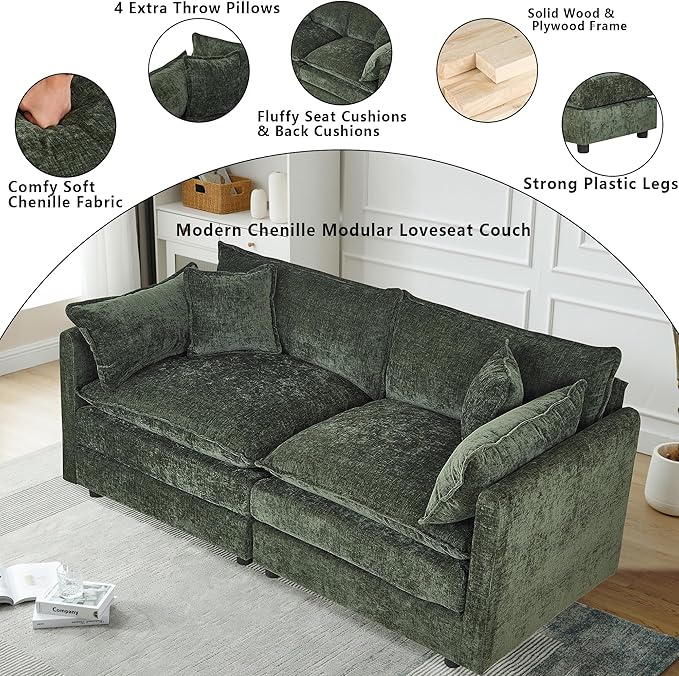 Setawix Chenille Loveseat Sofa Couch with Deep SeatLarge 2 Seater Cloud Couches for Living Room77.16 Roomy Cloud SofasModular Sectional 2 Seat Sofa with Pillows for Bedroom. (Green 2 Seater)