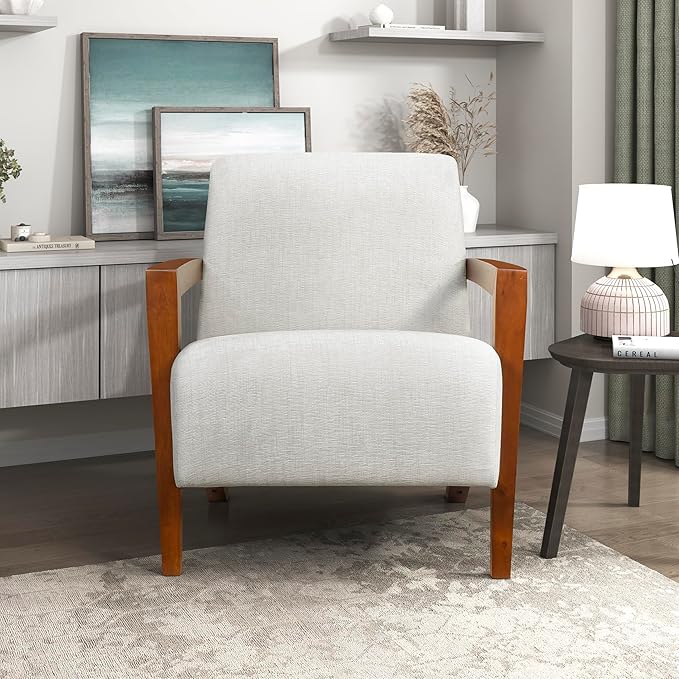 Lexicon Modern Accent Chair with Solid Wood Frame in Chestnut Finish Chenille Fabric Upholstered Living Room Lounge Arm Chair Thick and Comfy Innerspring Seat Cushion Beige