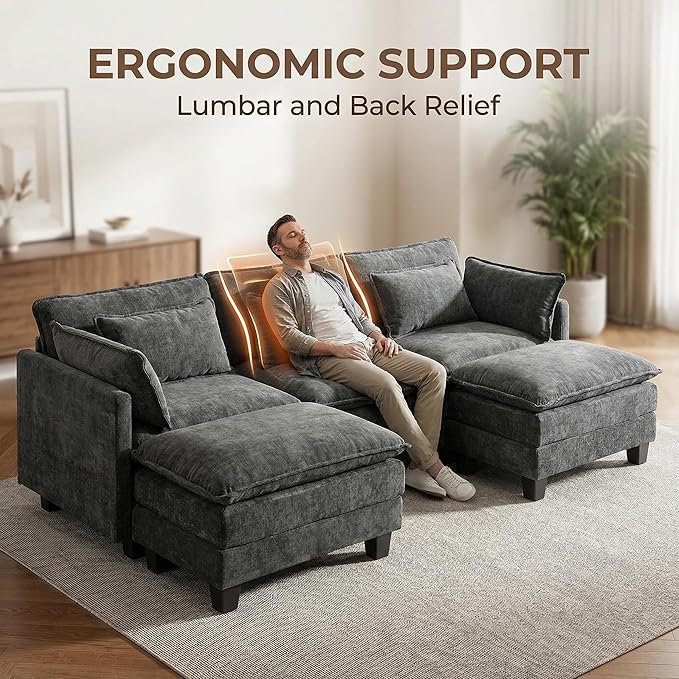Amada Sectional Couches for Living Room 111.5-U Shape Comfy Cloud Modular Sectional Sofa 5-Seater Chenille Deep Seat Sofa Sleeper with 2 Movable Ottomans&ampThrow Pillows (Grey) | Chenille