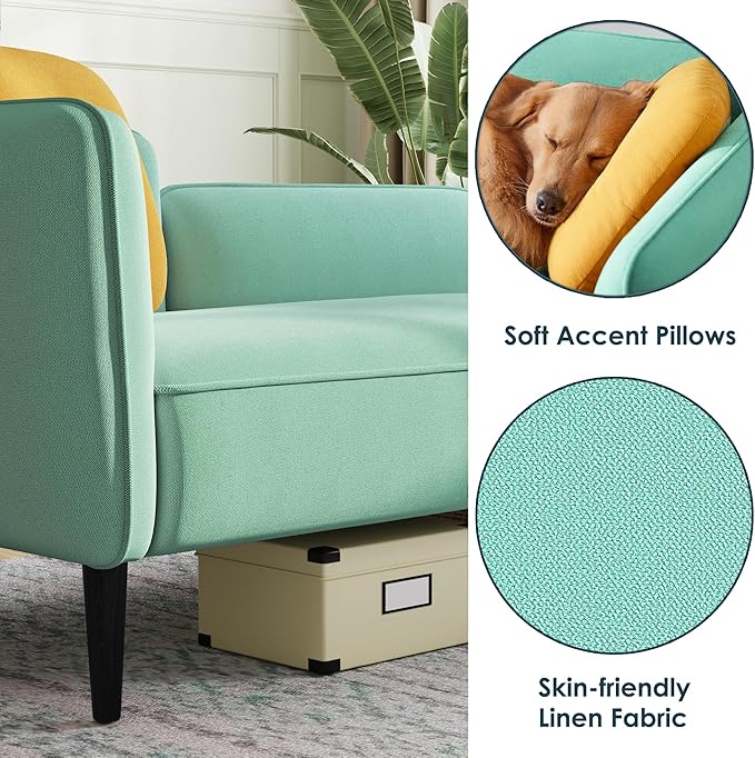 LINSY Small Loveseat Sofa Mid Century Modern Couch 2 Seater Loveseats for Small Spaces 57 Mini Couches for Bedroom Living Room Teal Linen Settee Couch with Removable Table and Pillow (Teal Left)