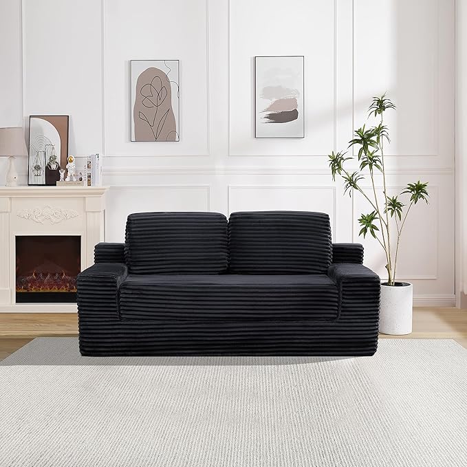 Loveseat Cloud Boneless Couch Upholstered Floor Sofa with Armrests 2-in-1 Convertible Corduroy Couch Bed for Living Room Apartment Black