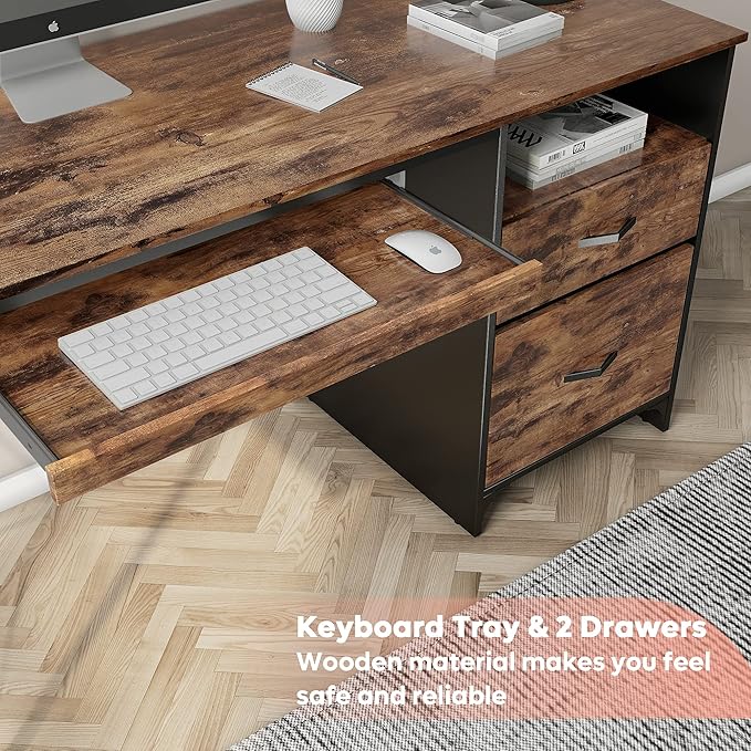 Bestier Office Desk with Drawers 55 inch Industrial Computer Desk with Storage Wood Teacher Desk with Keyboard Tray &amp File Drawer for Home Office Rustic Brown