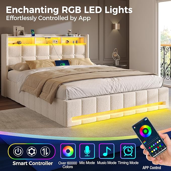 Rolanstar Bed Frame Full Size with Lift Up Storage Charging Station &amp LED Lights Upholstered Storage Headboard Heavy Duty Wooden Slats No Box Spring Needed Noise Free Easy Assembly Beige