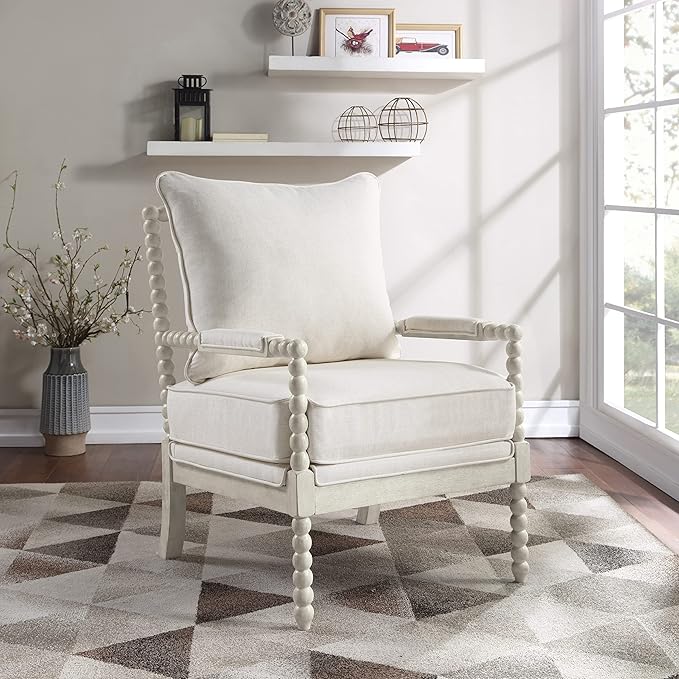 OSP Home Furnishings Kaylee Spindle Accent Chair with Antique White Wood Frame White Linen Fabric