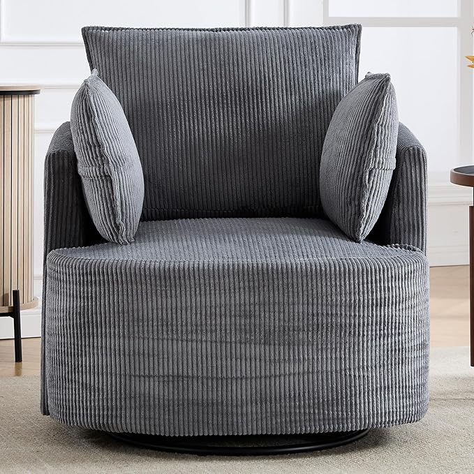 CANMOV Swivel Accent Chair 360°Swivel Barrel Chair with 3 Pillows Comfy Corduroy Round Armchair Single Sofa Chair for Living Room Bedroom Reading Room Dark Grey