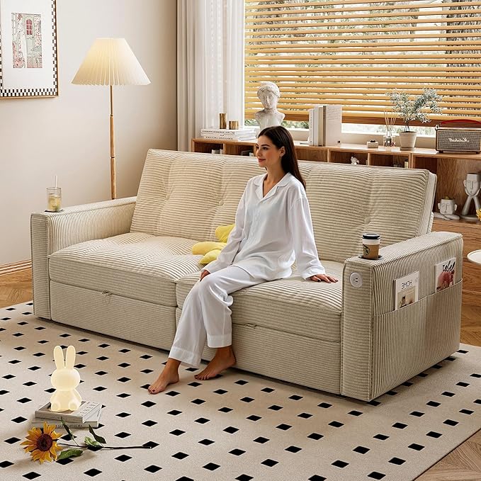 healthomse 73.2 Convertible Sofa Bed 2-in-1 Multi-Functional Loveseat Sleeper Modern Corduroy Couch with Side Pocket for Living Rooms Bedrooms Apartments Small Spaces (Beige 73.2inch)