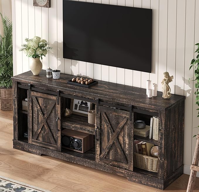 AMERLIFE 66 Farmhouse TV Stand for 75 Inches TVs Entertainment Center with Sliding Barn Door and Adjustable Shelf &amp Feet Console Table with Storage Dark Rustic Oak