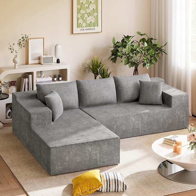 Homall 108 Modular Sectional Sofa Boneless Couch with L-Shape Chaise Cloud Couch with Deep Seat Upholstered No Assembly Required for Living Room Bedroom (Chenille Grey)