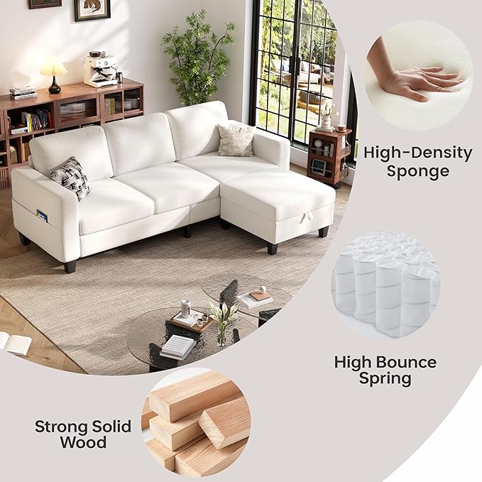 Sectional Sofa and Couches for Living Room 78'' Beige 3 Seat L-Shaped Couch with Movable Ottoman Comfy Linen Convertible Sectionals Sofas with Chaise for Apartment Dorm Small Space