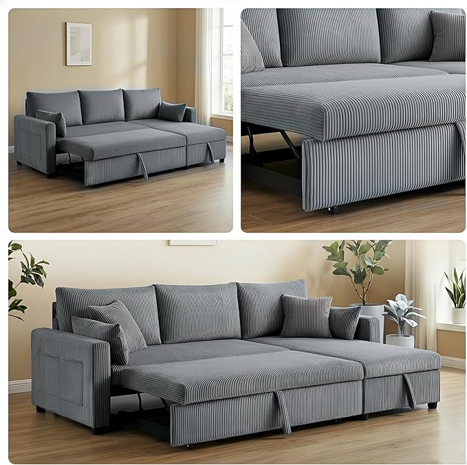 Queen Sleeper Sofa Convertible Sofa Bed with Storage 85 Inch Sectional Couch with Pull Out Bed L Shaped 3 Seat Sectional Sleeper Sofa for Living Room Apartment Grey