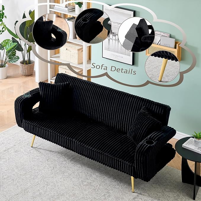73 Convertible Futon Sofa BedModern Corduroy Sleeper Couch with 3 Reclining BackrestsGolden Chrome LegsComfy Cloud Sofa Loveseat for Small Living Room Bedroom Office (Black)