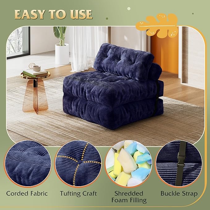 WLIVE Folding Sofa Bed for Living Room Boneless Chair Folding Chair Bed Bean Bag Chairs for Adults Pull Out Sofa Bed Dorm Bedroom Navy Blue