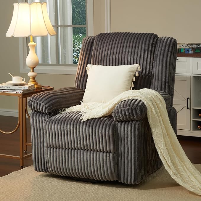 Garvee Corduroy Recliner Chair Manual Recliner Sofa with Handle Pillow Top Arms Thick Padding Side Pocket 330Lbs Capacity Adjustable Recliner for Living Room Bedroom Home Theater Dark Gray