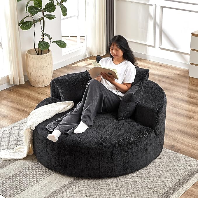 Oversized Round Chaise Lounge Chair Indoor 55W Circle Comfy Armchair with Deep Seat Floor Cloud Boneless Chair Upholstered Modern Cozy Sofa Chairs for Living Room Bedroom(Chenille Black)