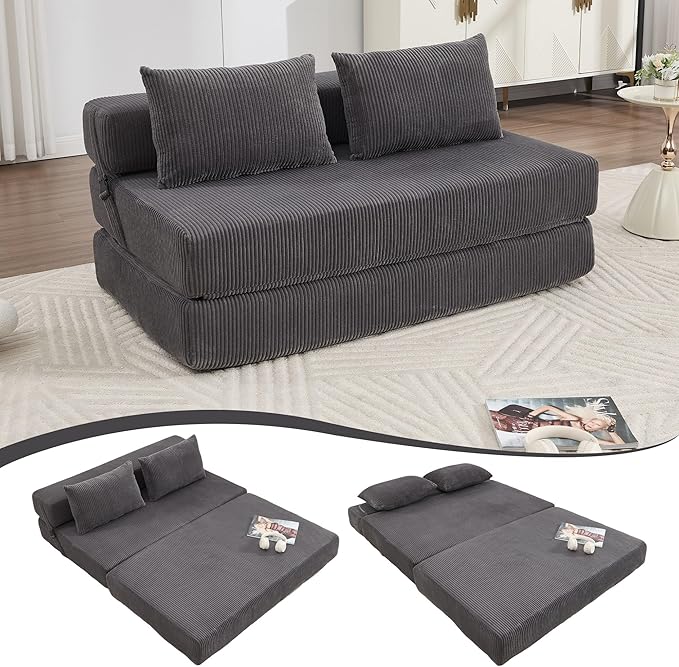 GNIXUU Fold Out Couch 3-in-1 Convertible Futon Sofa Bed with 2 Pillows Corduroy Foldable Floor Chair Boneless Loveseat Couches for Living Room Bedroom Small Spaces Gray